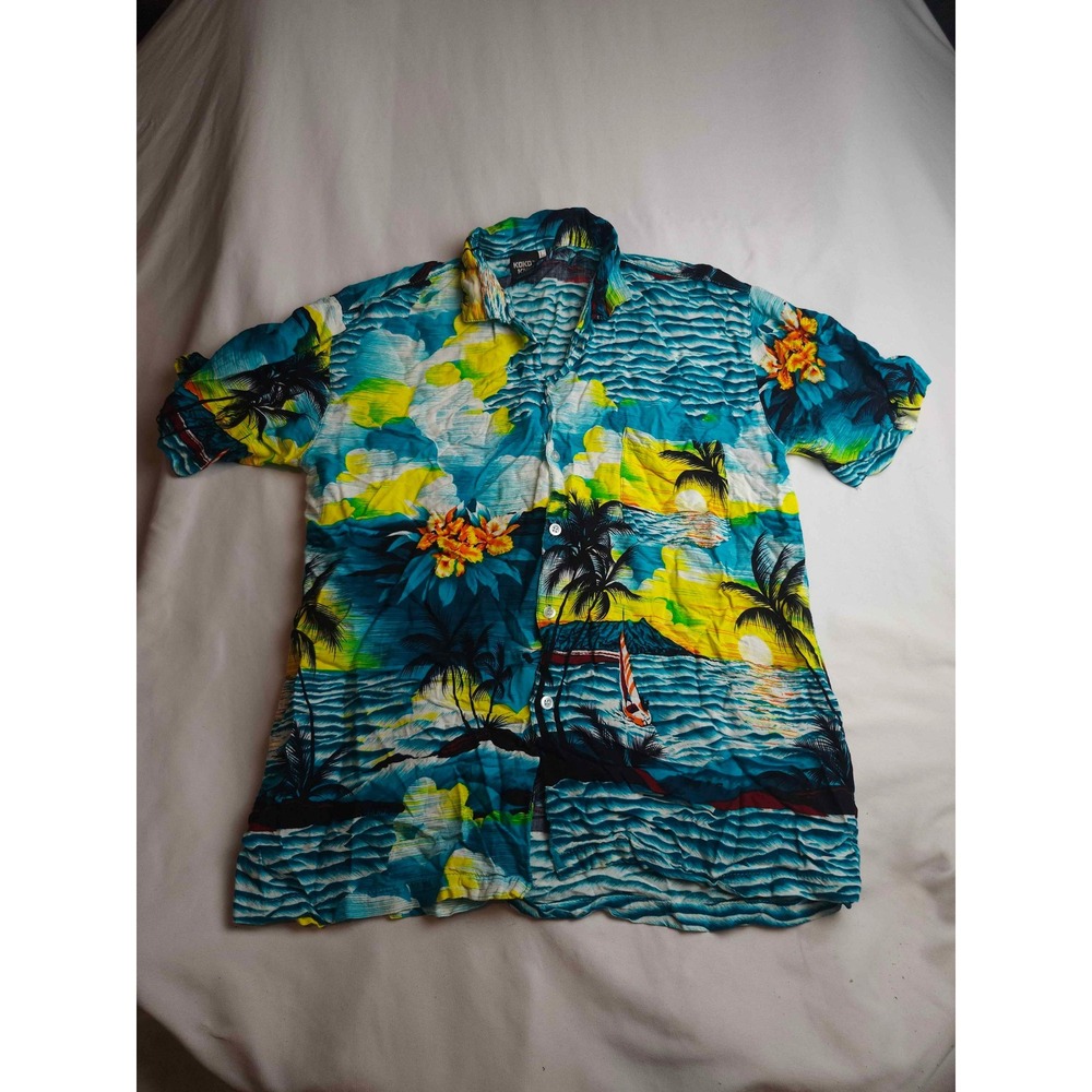 Koko Knot Mens Large Tropical Hawaiian Shirt Blue Yellow Sunset Palm Tree Beach